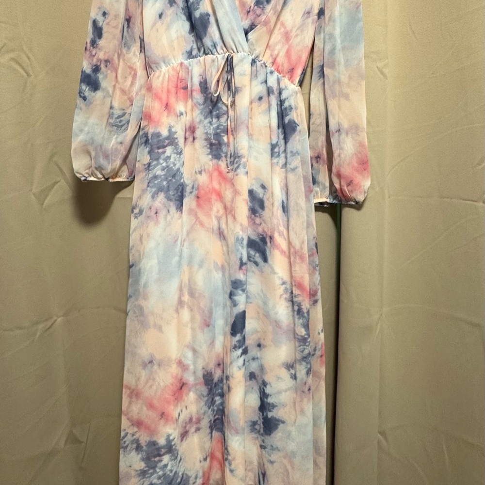 Pink and Blue V-Neck Maxi Gown with Bishop Sleeves